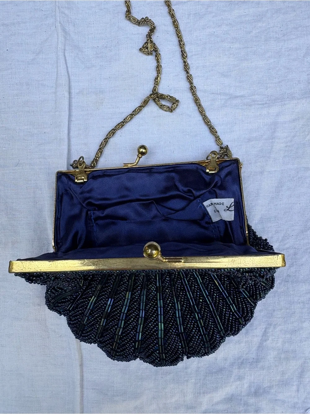 Vintage La Regale Navy Beaded Shell Clutch with Gold Chain